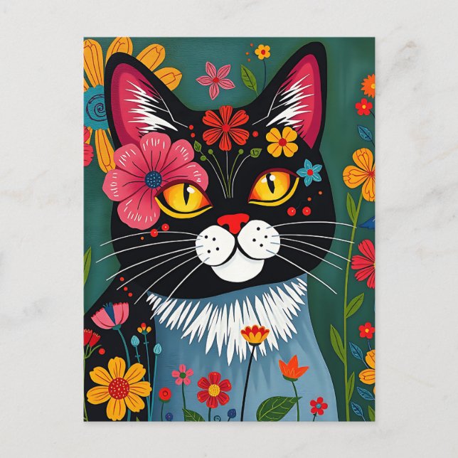 Carte Postale Cute Folk Art Whimsical Chat et Fleurs (Devant)