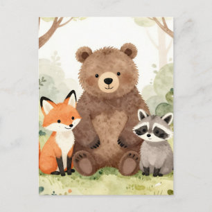 Carte Postale Cute Forest Friends Ours Renard Raton laveur Aquar