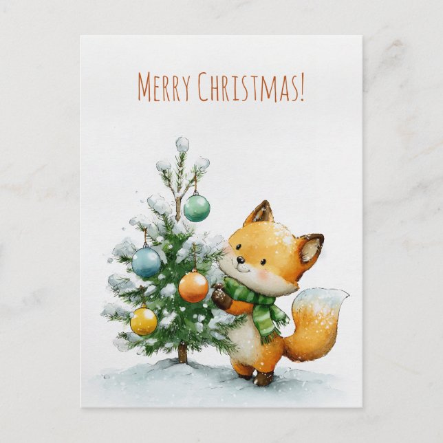 Carte Postale Cute fox decorating a small Christmas tree,  (Devant)