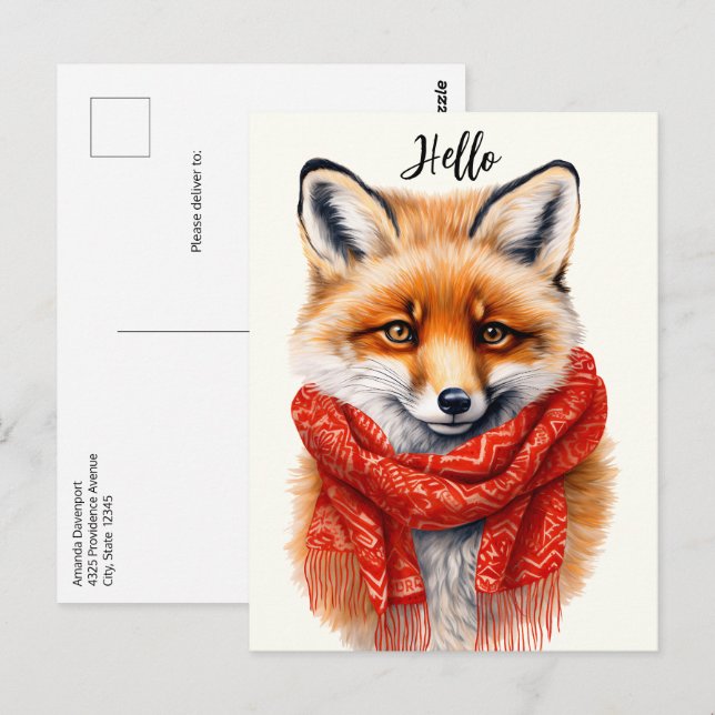 Carte Postale Cute Fox in a Red Scarf Autumn Image (Devant / Derrière)