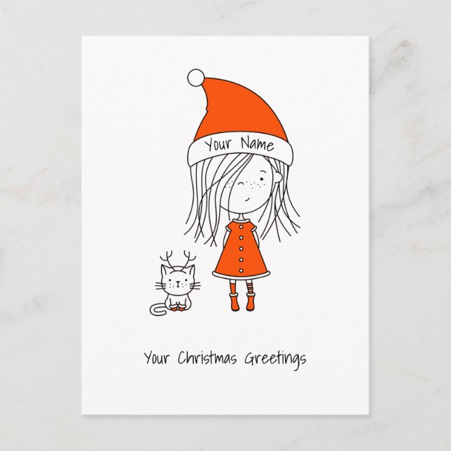 Carte Postale Cute Funny Père Noël Girl Cat Ajouter Votre Texte (Devant)