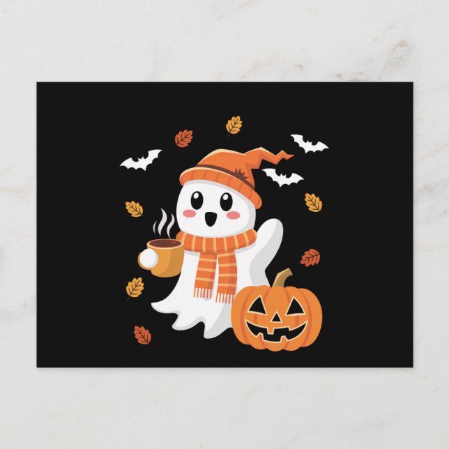 Carte Postale Cute Ghost Boire Café de glace Halloween (Devant)