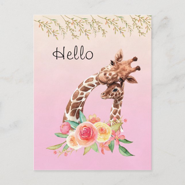 Carte Postale Cute Giraffe Aquarelle Maman & Bébé Bonjour (Devant)