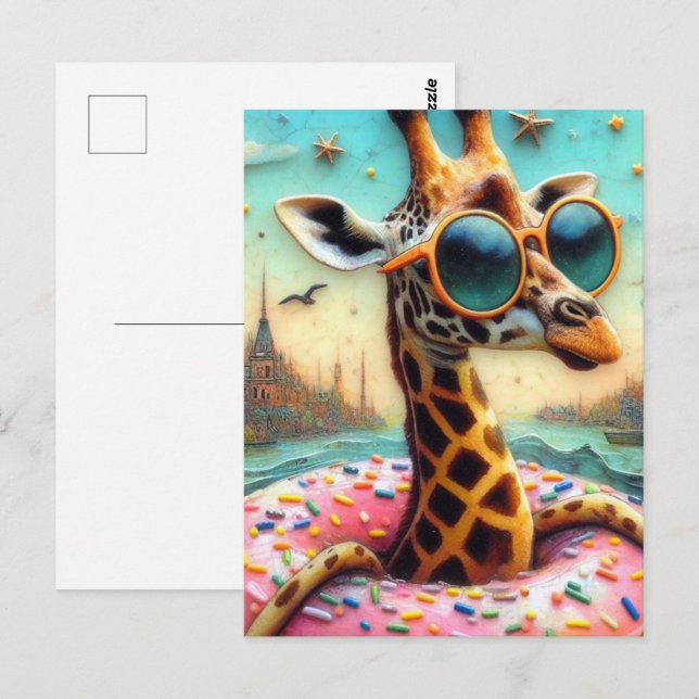 Carte Postale Cute Giraffe profite d'un voyage en flottant à Dou (Devant / Derrière)