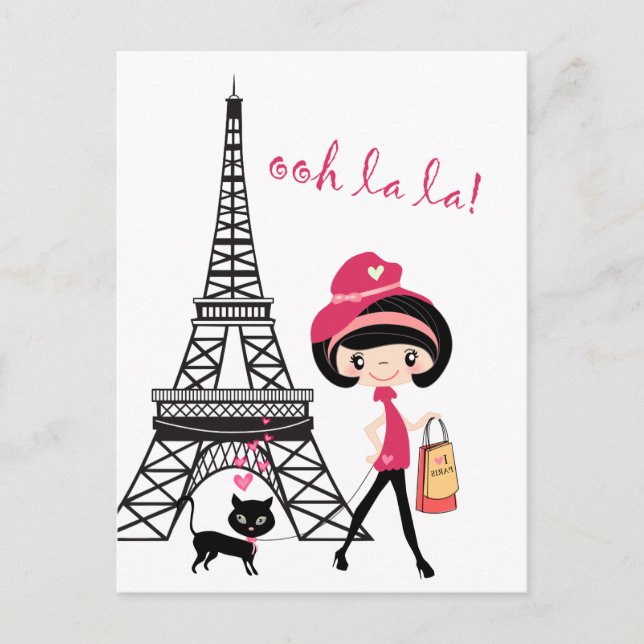 Carte Postale Cute Girl and Cat à Paris Tour Eiffel (Devant)