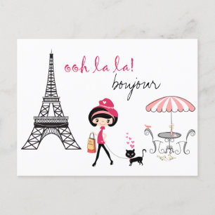 Carte Postale Cute Girl and Cat à Paris Tour Eiffel Bonjour