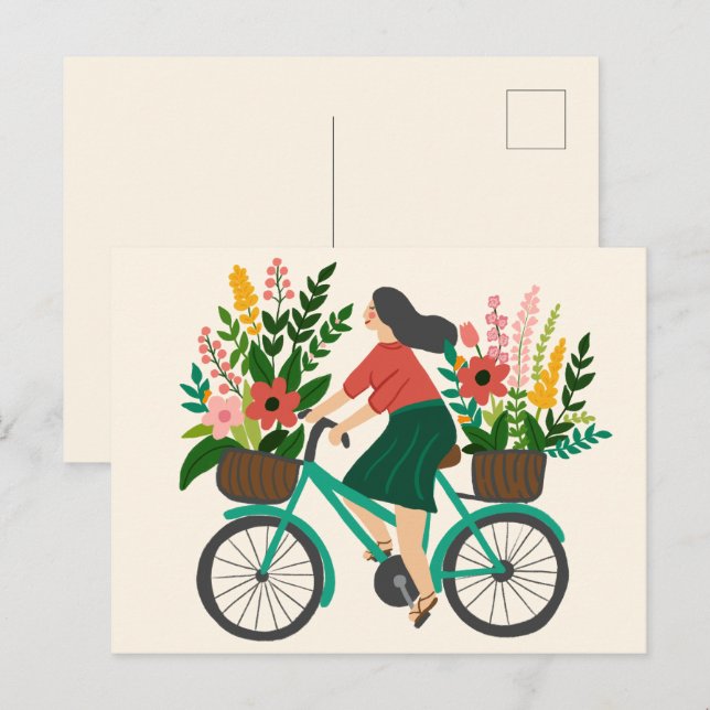 Carte Postale Cute Girl équitation Vélo avec Fleurs sur mesure (Devant / Derrière)