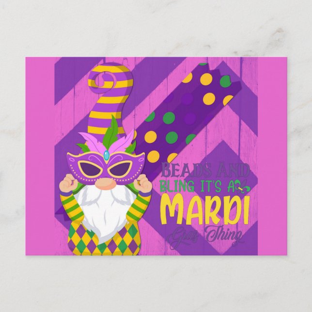 Carte Postale Cute Gnome Mardi Gras Beads Bling (Devant)