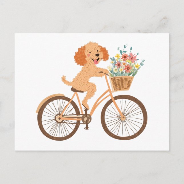 Carte Postale Cute Goldendoodle Chien Vélo Fleurs de printemps (Devant)