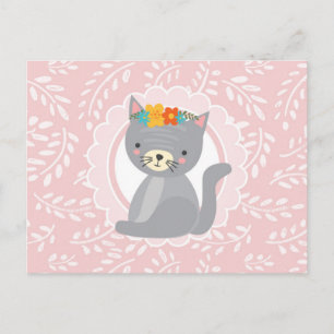 Carte Postale Cute Gray Kitten Pink White Cat