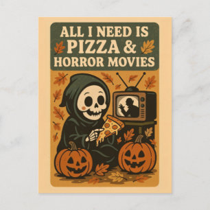 Carte Postale Cute Grim Reaper Manger Pizza Drôle Halloween