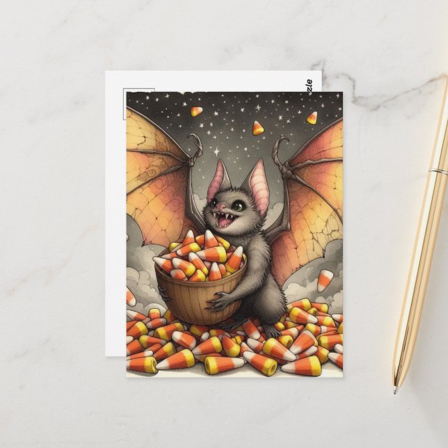 Carte Postale Cute Halloween Bat With Candy (Devant/Arrière en situation)