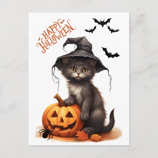 Carte Postale Cute Halloween Chat noir, Citrouille et araignée (Devant)