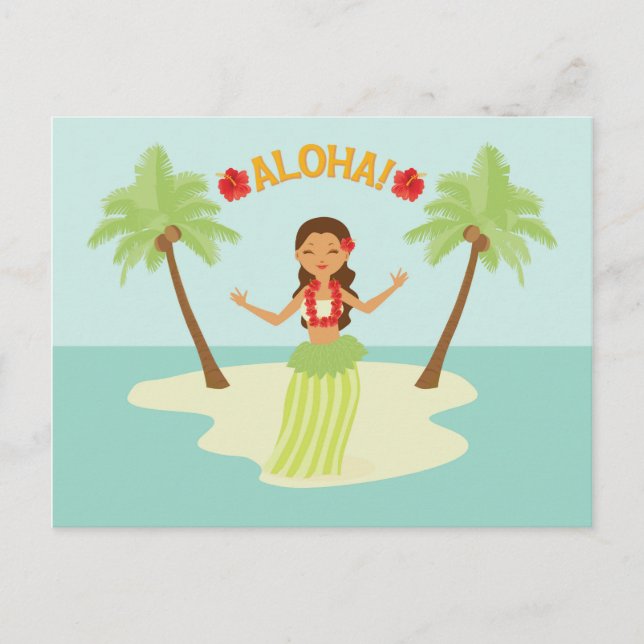 Carte Postale Cute Hawaiian Hula Girl Luau Palm Trees Island (Devant)