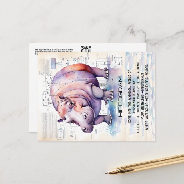 Carte Postale Cute Hippopotame (Devant/Arrière en situation)