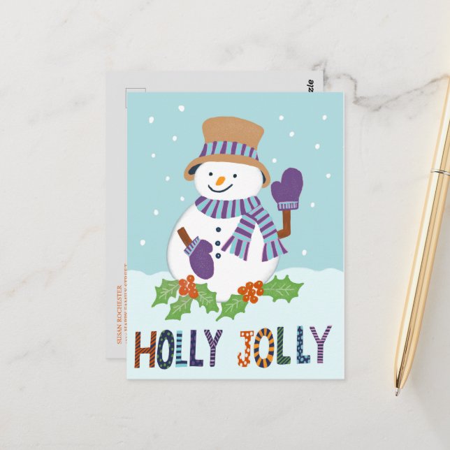 Carte Postale Cute Holly Jolly Snowman Photo de Noël (Devant/Arrière en situation)