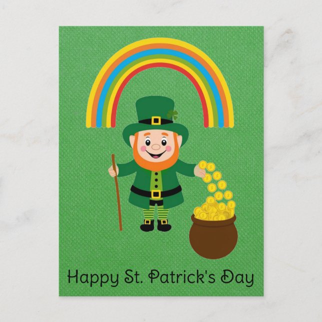 Carte Postale Cute Jour de la Saint Patrick Leprechaun Rainbow G (Devant)