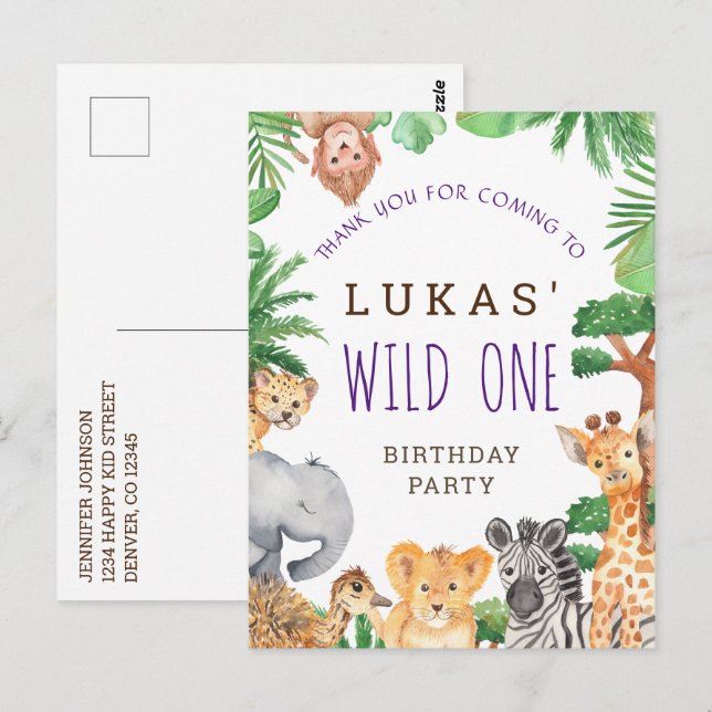 Carte Postale Cute Jungle Safari 1er anniversaire Merci de fête (Devant / Derrière)