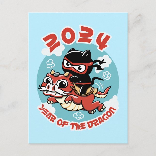 Carte Postale Cute Kawaii Art | 2024 Année Du Dragon (Devant)