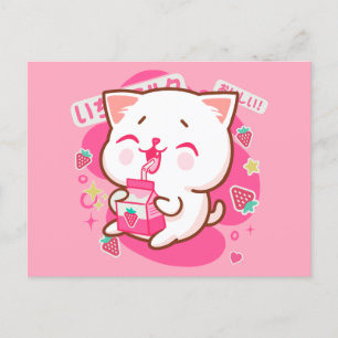 Carte Postale Cute Kawaii Chat Lait de fraise japonais