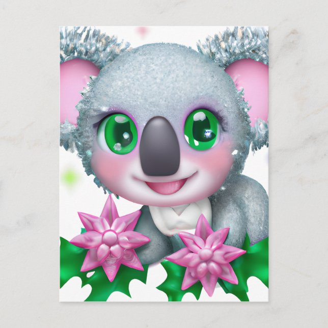 Carte Postale Cute Kawaii Koala Ours avec Fleurs (Devant)