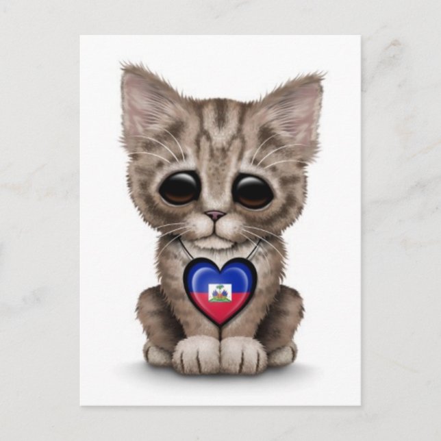 Carte Postale Cute Kitten Chat avec Drapeau Haïtien Coeur, blanc (Devant)