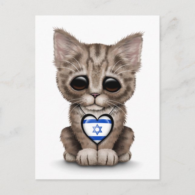 Carte Postale Cute Kitten Chat avec pavillon israélien Coeur, bl (Devant)