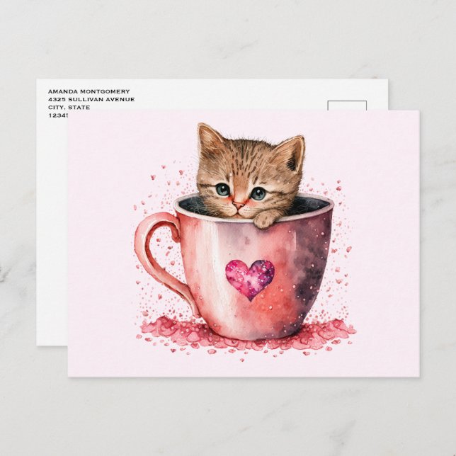 Carte Postale Cute Kitten dans un Teacup avec les coeurs (Devant / Derrière)