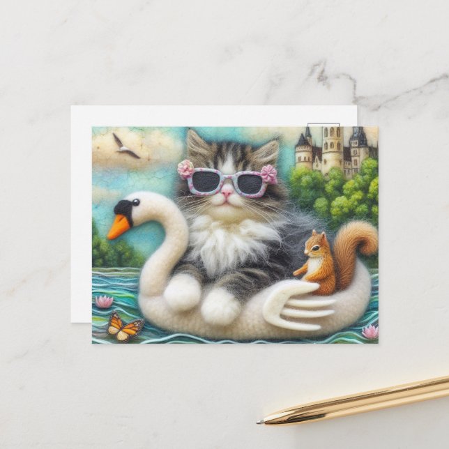 Carte Postale Cute Kitten et écureuil Bateau de cygne en laine (Devant/Arrière en situation)