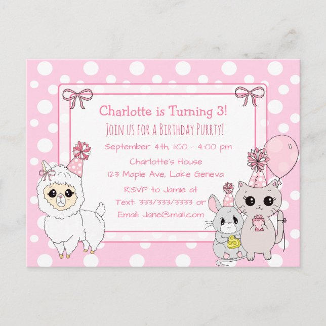 Carte Postale Cute Kitten, Llama et Souris Anniversaire de la fi (Devant)