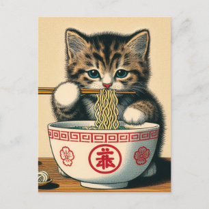 Carte Postale Cute Kitten Manger Ramen Bois Imprimer