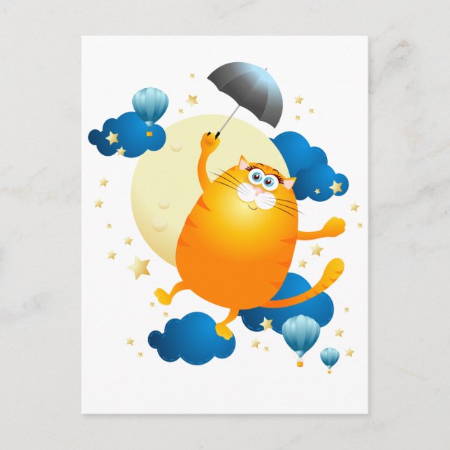 Carte Postale Cute Kitten volant avec parapluie (Devant)