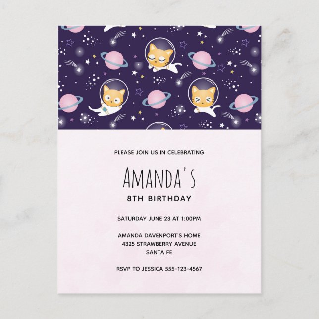 Carte Postale Cute Kitty Chat Astronauts Motif Anniversaire (Devant)