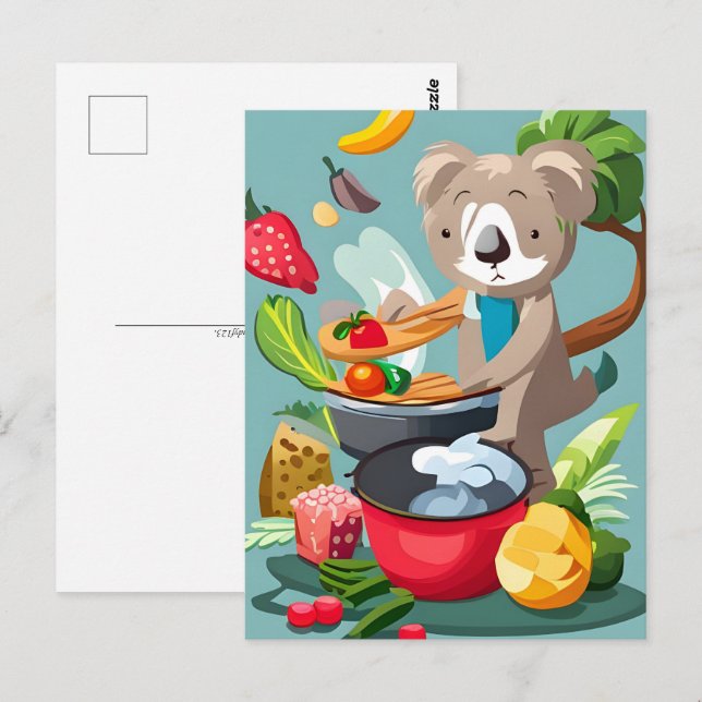 Carte Postale Cute Koala Bear cuisine un dîner, poste (Devant / Derrière)