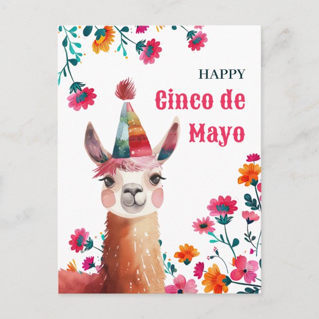 Carte Postale Cute Lama avec Fleurs Fuchsia Joyeux Cinco de Mayo (Devant)