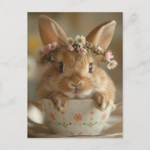 Carte Postale Cute lapin avec couronne de fleur dans une tasse