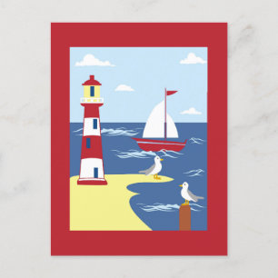 Carte Postale Cute Lighthouse and Boat Seaside Art