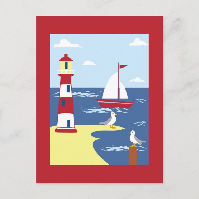 Carte Postale Cute Lighthouse and Boat Seaside Art (Devant)