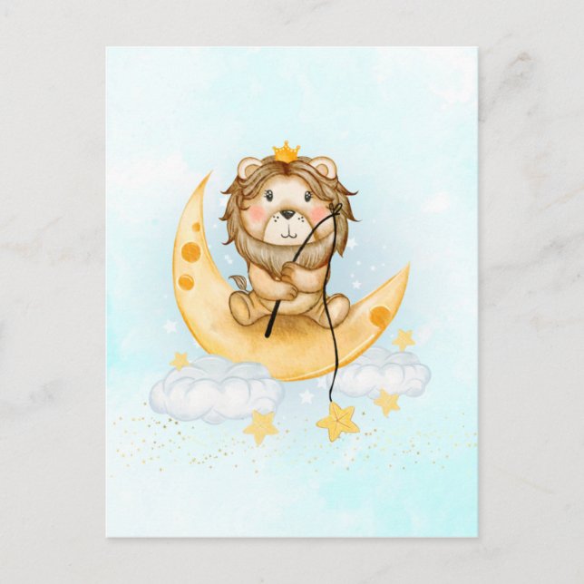 Carte Postale Cute Lion Pêche sur l'aquarelle de la lune (Devant)