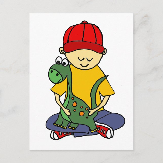 Carte Postale Cute Little Boy Accroche son Brontosaurus (Devant)