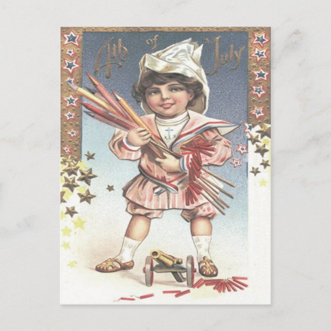 Carte Postale Cute Little Girl Bouteille Rockets Feu d'artifice (Devant)