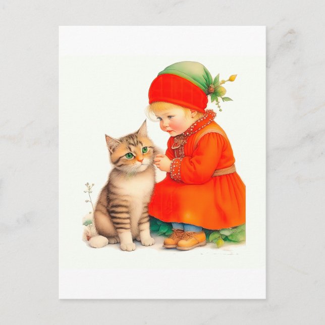 Carte Postale Cute Little Girl With Kitten Chritmas  (Devant)
