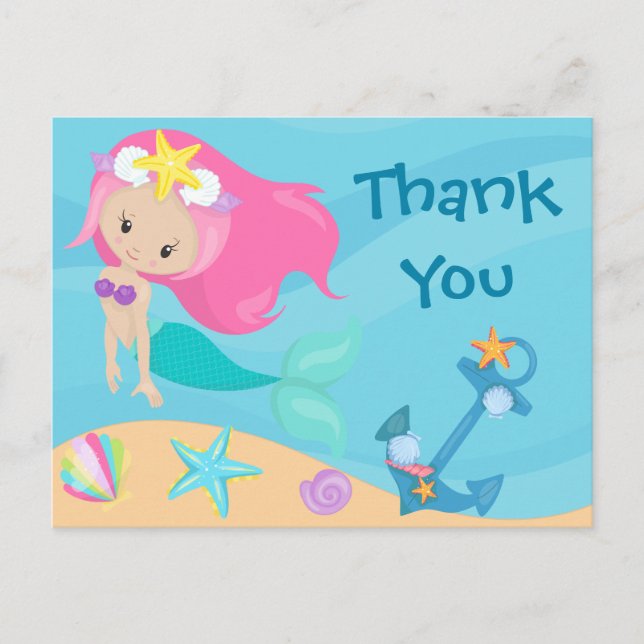 Carte Postale Cute Mermaid Girl Merci plage Anniversaire Enfants (Devant)