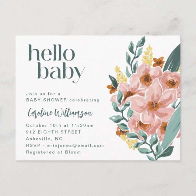 Carte Postale Cute Mint Sage Rose Floral Hello Baby shower (Devant)