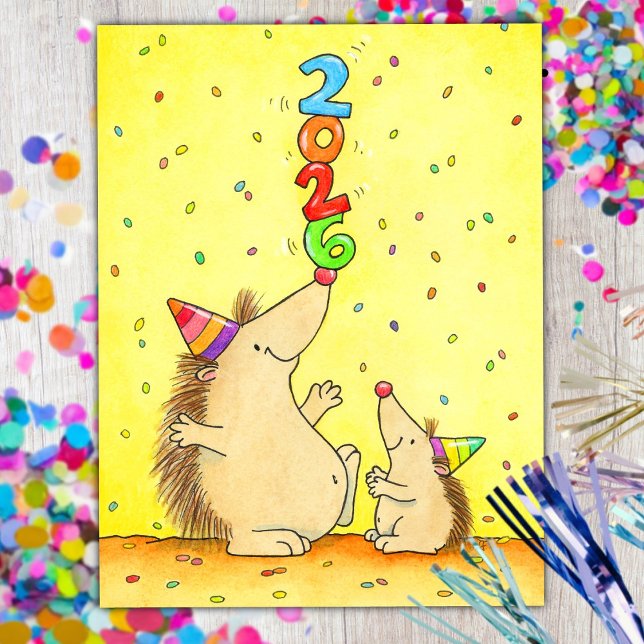 Carte Postale Cute New Year 2026 – Cartoon Hedgehogs for Kids (Créateur téléchargé)