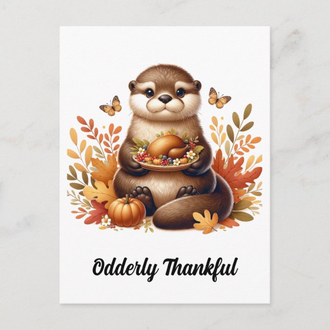 Carte Postale Cute Otter avec Thanksgiving Foods et Papillons (Devant)