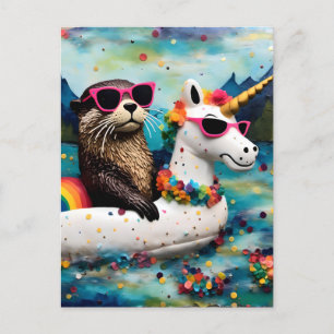 Carte Postale Cute Otter dans une Floatie de Unicorn sur un voya