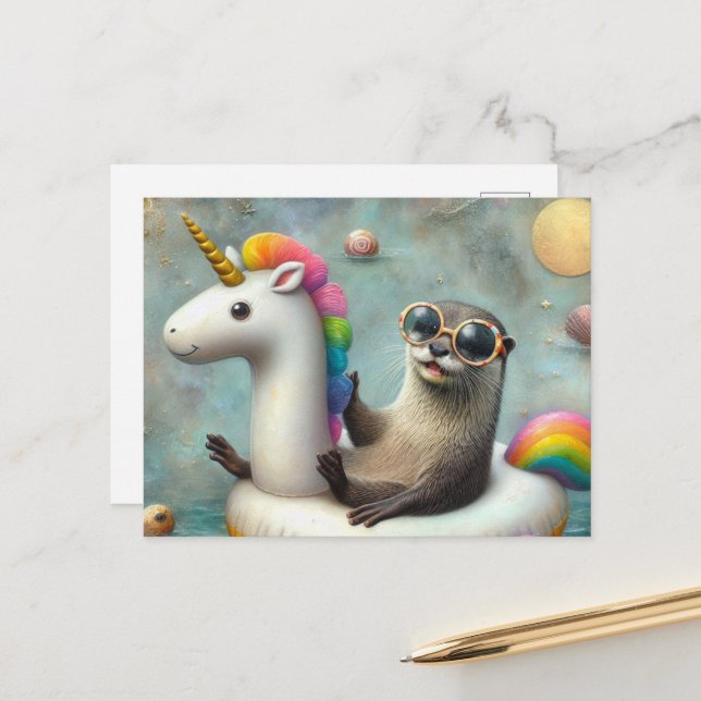 Carte Postale Cute Otter dans une licorne flottante (Devant/Arrière en situation)