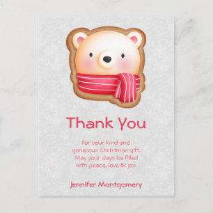 Carte Postale Cute Ours Face Rouge Écharpe et Cheveux Rosy Merci