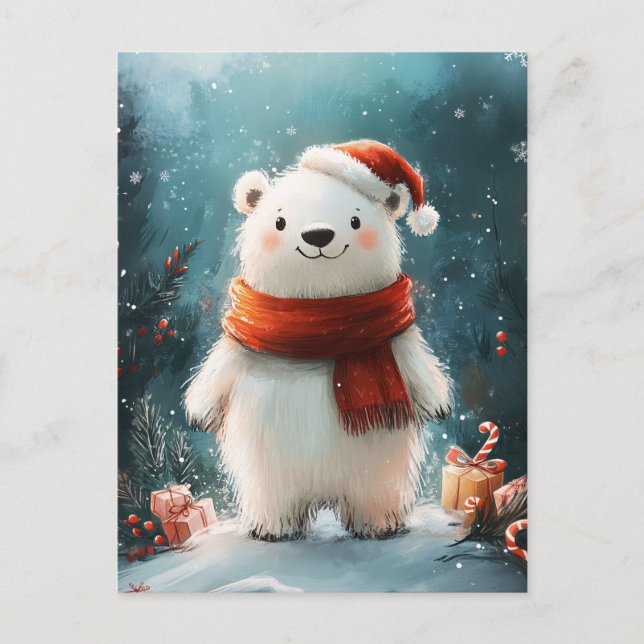 Carte Postale Cute Ours Polaire Chapeau de Père Noël et Arbre (Devant)